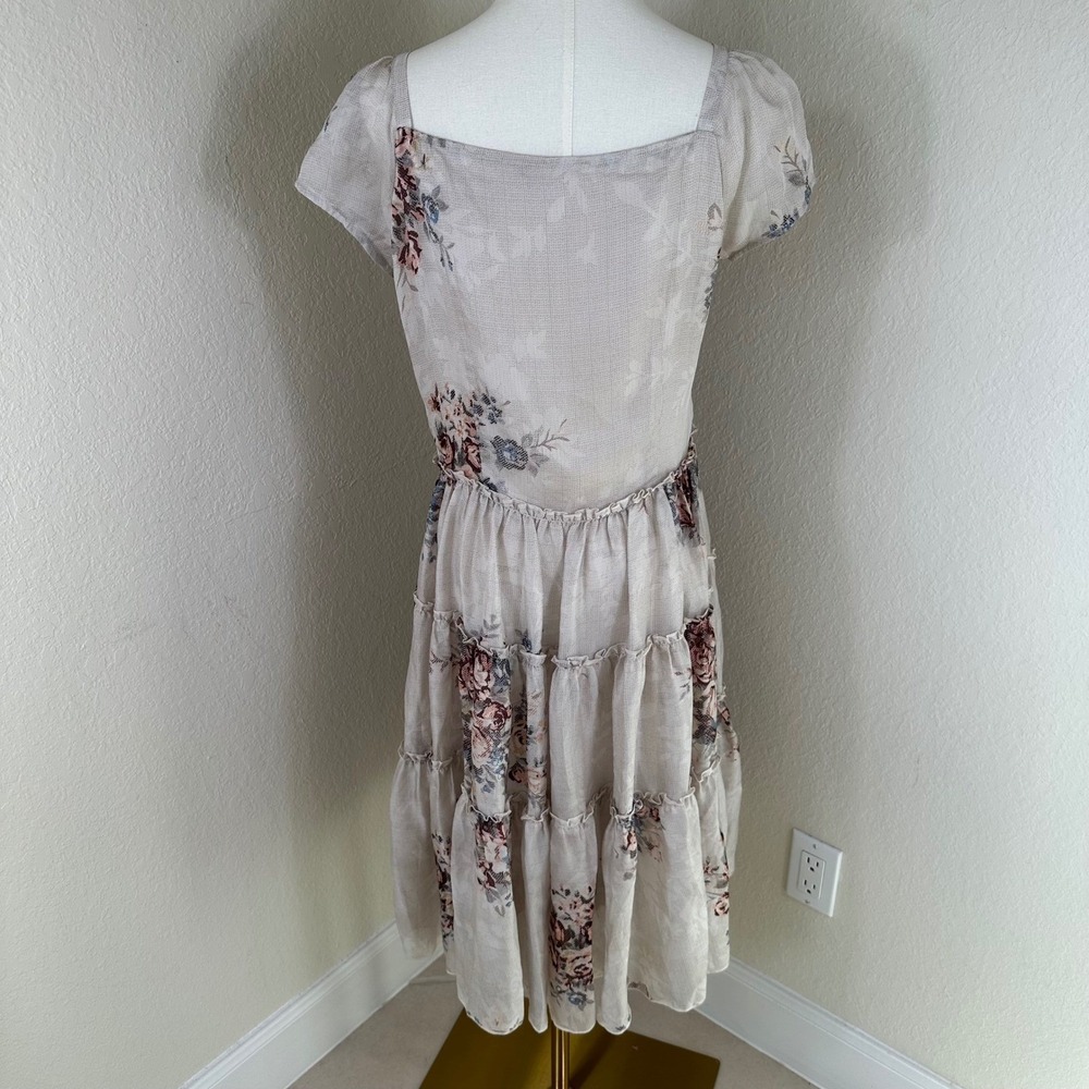 Floral Tiered Dress Women XL Fit Medium Beige Cottagecore Romantic Prairie - Picture 3 of 9
